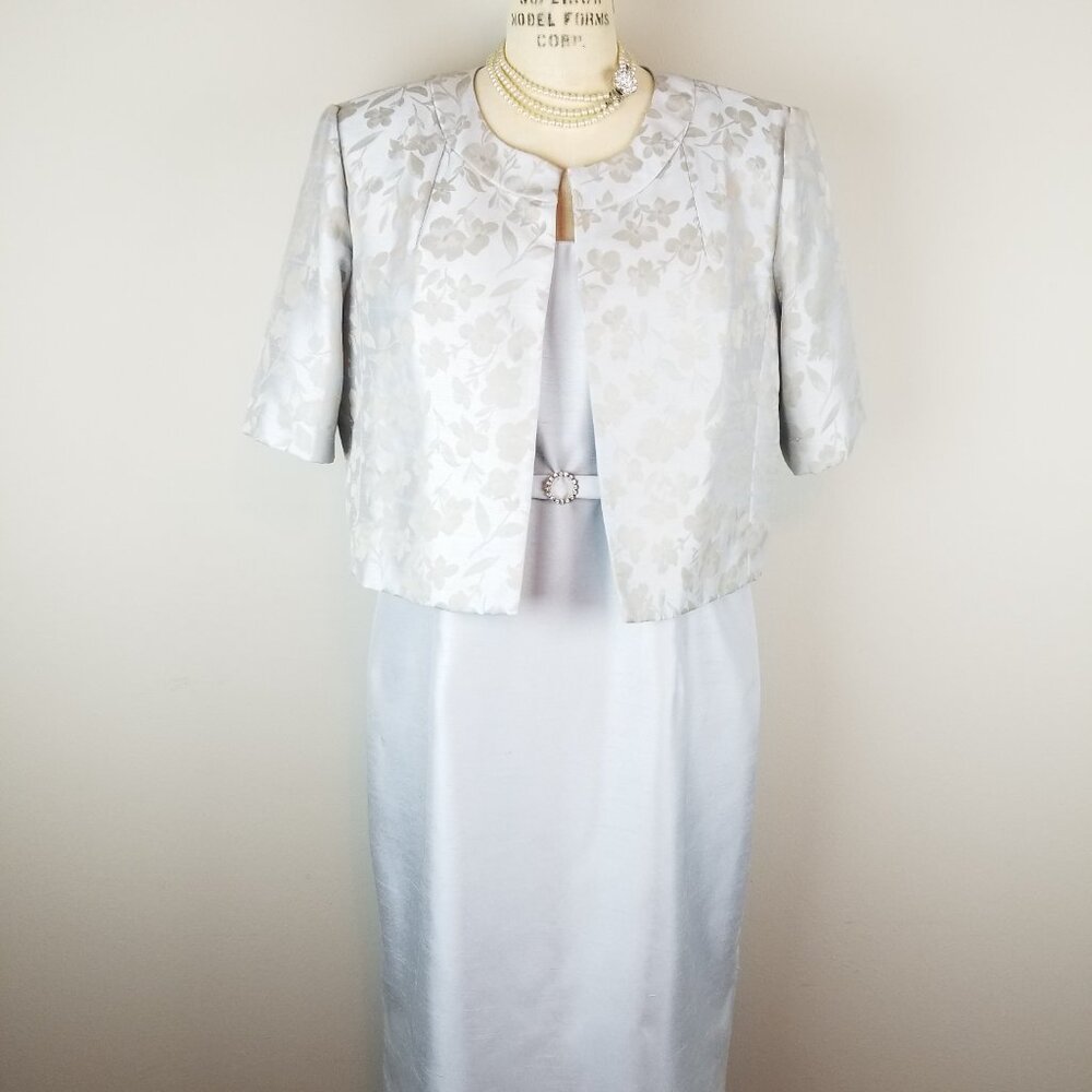 Beautiful Powder Blue Sheath Dress & Floral Jacket & Rhinestone Belt * Size 16